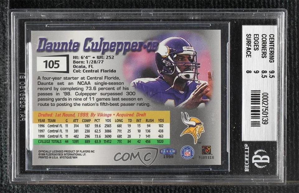 1999 Fleer Mystique Rookie /2999 Daunte Culpepper #105 BGS 8.5 Rookie RC - Image 2 of 2