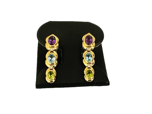 Vintage 18k Gold Amethyst Peridot Gemstone Dangle Earrings