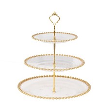 Clear Gold 3-Tier 14" Round Plastic Cupcake Tower Stand Beaded Rim Party Events