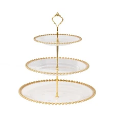 Clear Gold 3-Tier 14" Round Plastic Cupcake Tower Stand Beaded Rim Party Events
