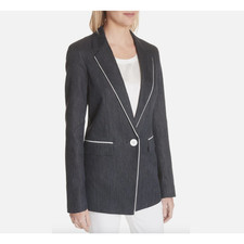 Lafayette 148 New York Rhoda Blazer Women Sz 6 Navy Herringbone Linen Denim 698