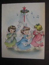 1940s vintage greeting card Norcross CHRISTMAS Angels Dance w Ribbon Around Pole