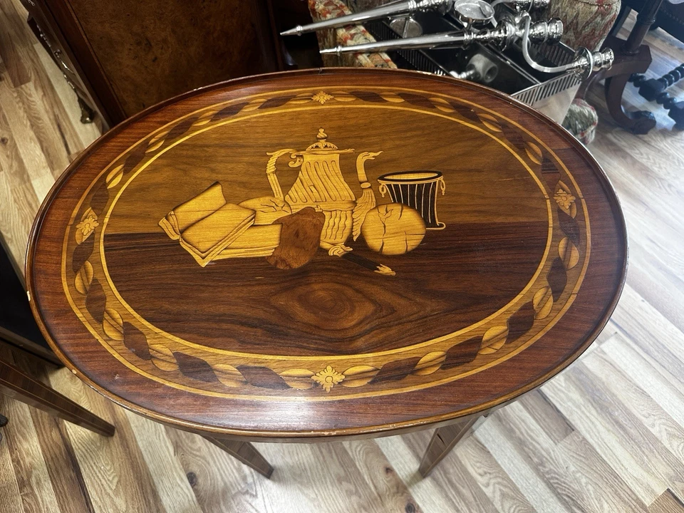 Pair Vintage ITALIAN Venetian Oval Inlaid Two Drawer Side Tables - Image 2 of 4