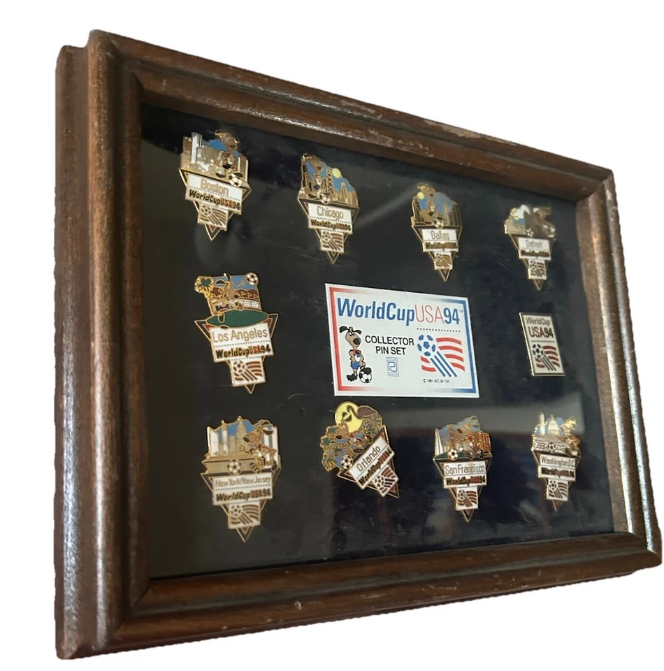 World Cup 1994 USA Soccer Collector Pin Set Of 11 Pins In Wooden Frame & Plastic - Image 2 of 4