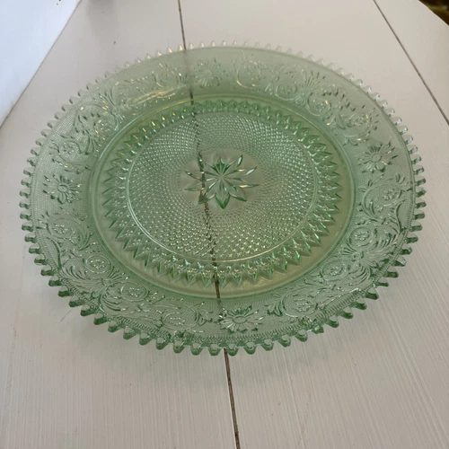 Indiana Glass Tiara Platter USA Chantilly Glass Depression Green 12" Diam VTG