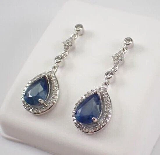 3Ct Pear Cut Lab Created Blue Sapphire 14k White Gold Plated 925 Dangle Earrings - Image 3 of 4