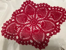 New Red Crochet Doily, 13"x17, Pineapple Design