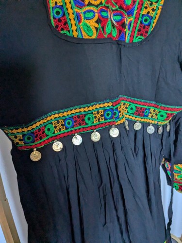 Afghan dress Long Black Embroidery Hand Made Dance Original ethnic coins Maxi - Picture 6 of 24