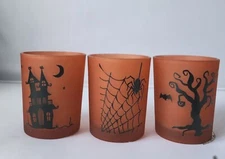  3 Halloween Glass Haunted House Tea Light Candle Holder 3"T Orange Black Cat