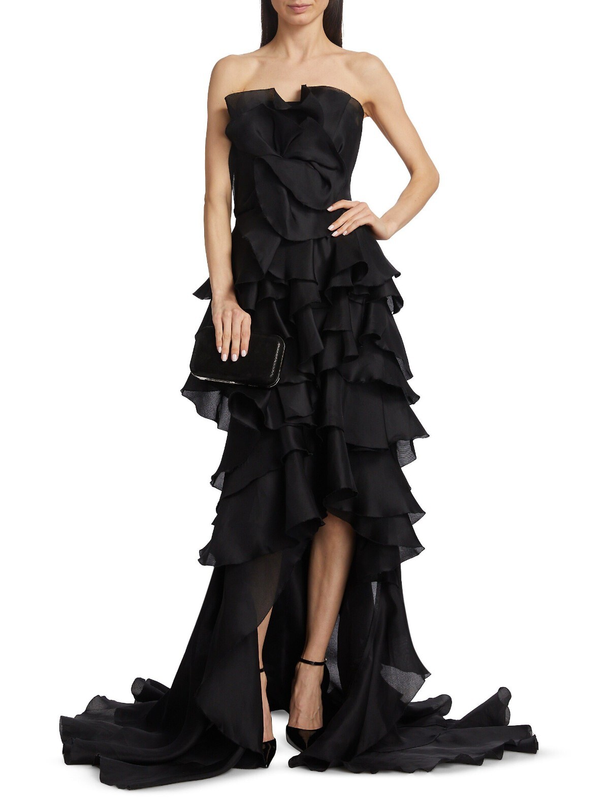$4995 Вечернее макси-платье Marchesa из гофрированного шелка без бретелек, Черный Размер 14