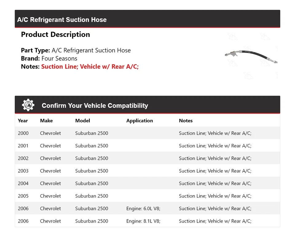 Manguera de succión de refrigerante aire acondicionado Chevrolet Suburban 2500 2000-2006 4 estaciones Foto 2 de 4