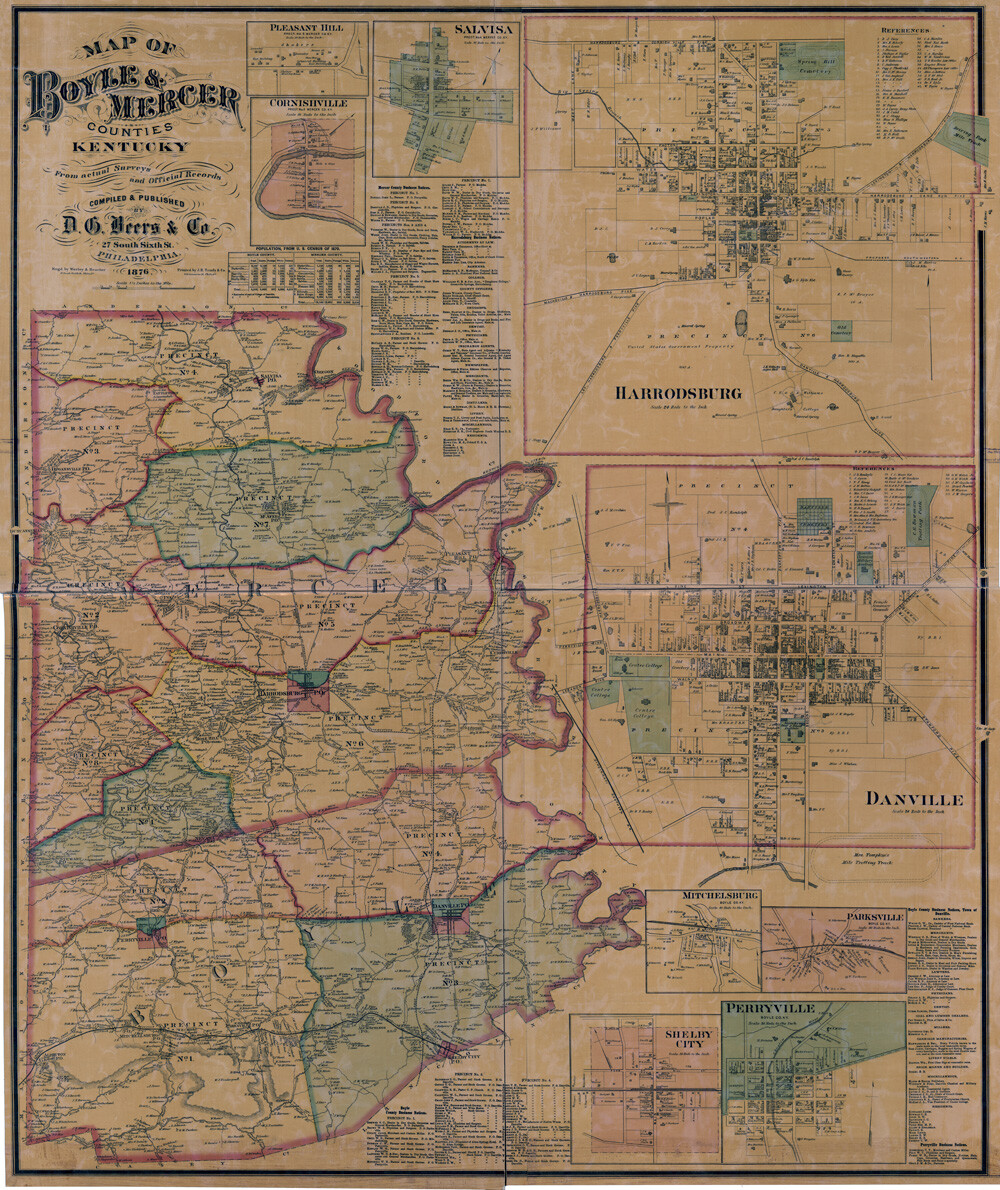 1876 Map of Boyle & Mercer County Kentucky Danville
