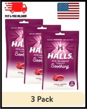 3X HALLS Throat Soothing Cool Berry Flavor Cough Drops 3 Bags 75 Total Drops