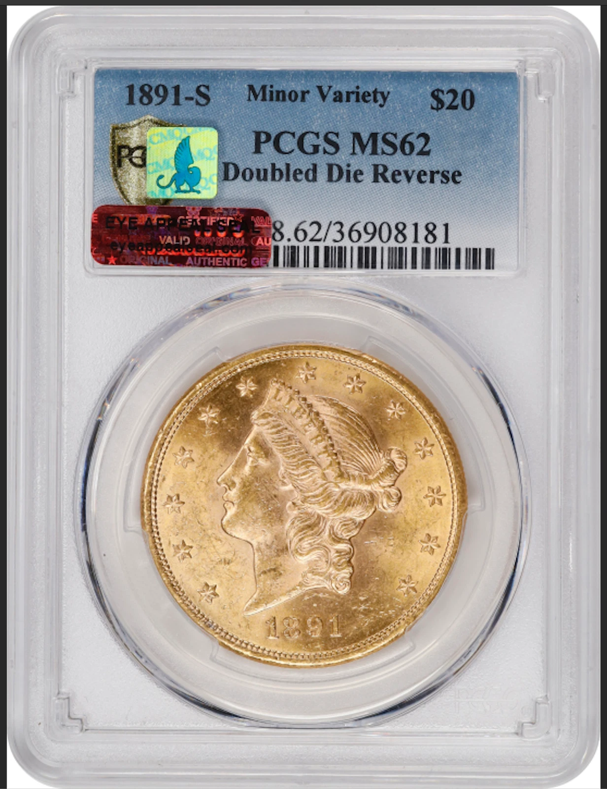 1891-S PCGS MS62 CMQ Doubled Die Reverse $9,908-Comp DDR on tag $20 Double Eagle