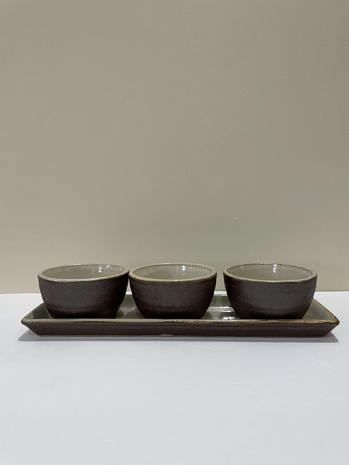 Pottery Barn Set of 4 Appetizer Cracker Snack Dip Tray & 3 Bowls Earthtone - Image 2 of 4