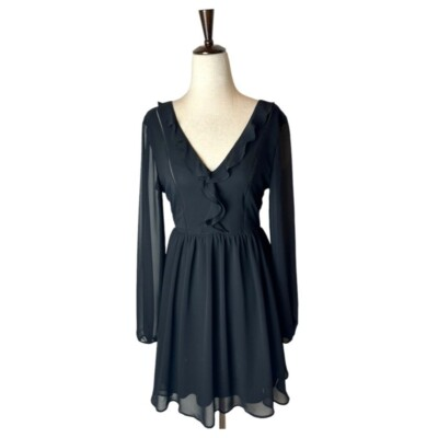 #ad Express Dress Women 2 Black Ruffle V Neck Long Sheer Sleeve Fit And Flare Mini $11.14