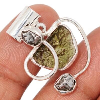 Echt Tschechischer Moldavit & Meteorit Campo Del Cielo 925 Silber Anhänger CP70970