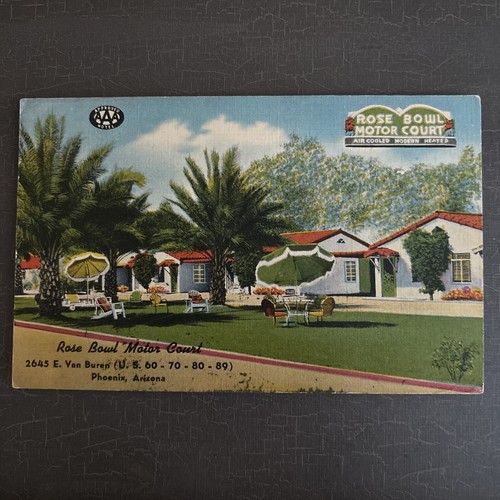 Leinen Postkarte RETRO ROADTRIP Unterkunft ROSE BOWL MOTOR COURT Phoenix AZ 1951 AAA