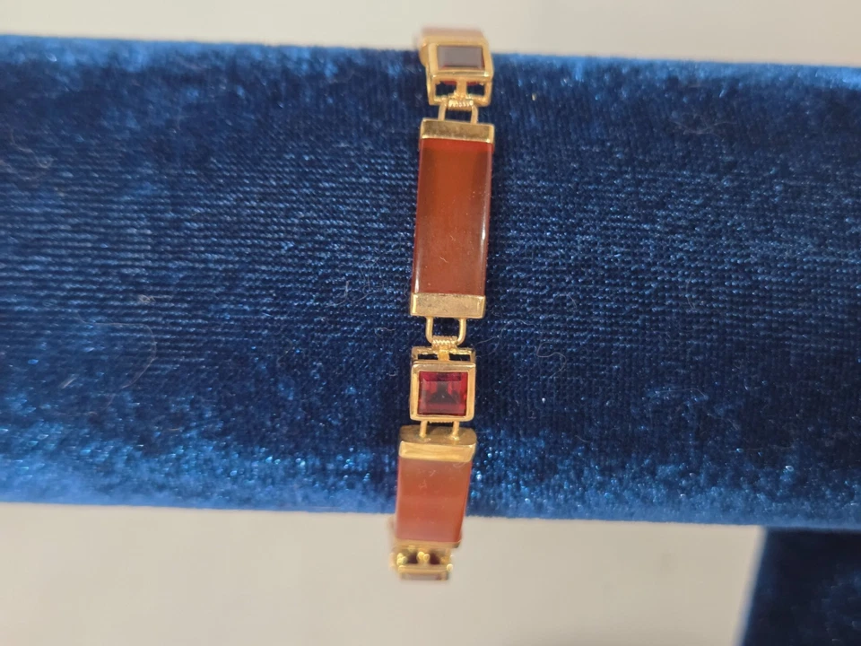 Brazalete De Colección Oro 14k Naranja Jade y Naranja Granate Piedras Preciosas Barra Eslabón 9.3g 7.5"" Foto 2 de 4