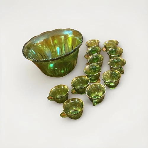 Vintage Indiana Carnival Glass Iridescent Green Punch Bowl Set With 12 Cups