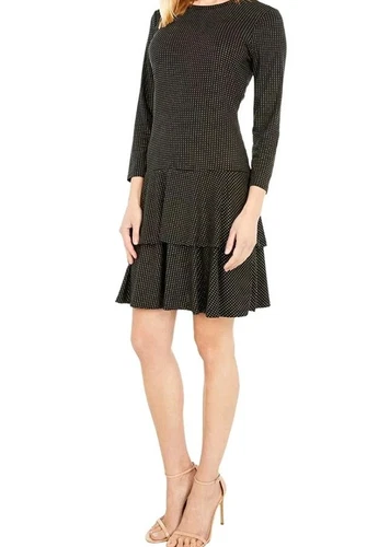 Abito doppio strato MICHAEL KORS balza multi punto metallizzato nero oro medio $135