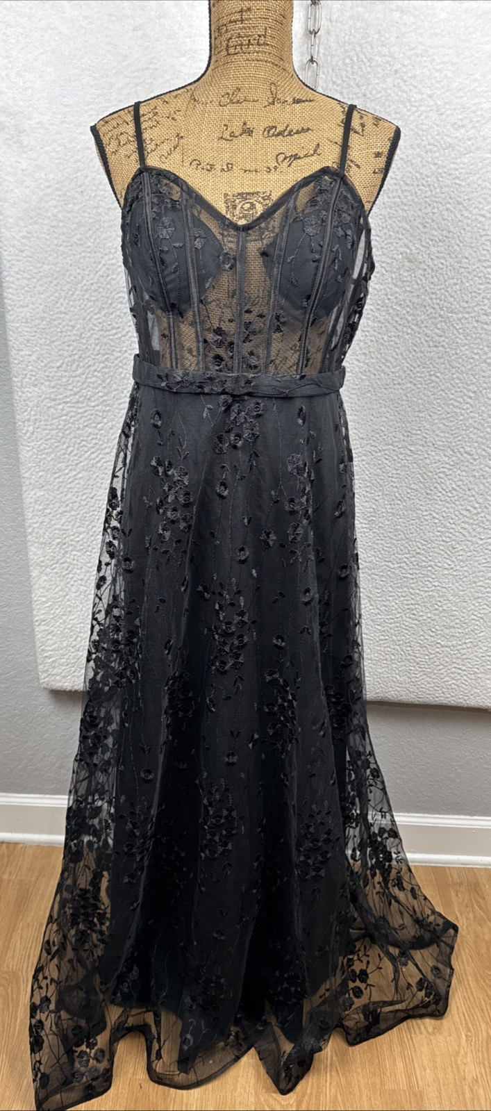 Maxi Dress Corset Bustier Floral Lace Sheer Black Goth Vamp Dark Coquette XL-image