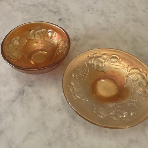 ANTIQUE 2- FENTON KITTENS CARNIVAL GLASS Flat Dish And Bowl - MARIGOLD