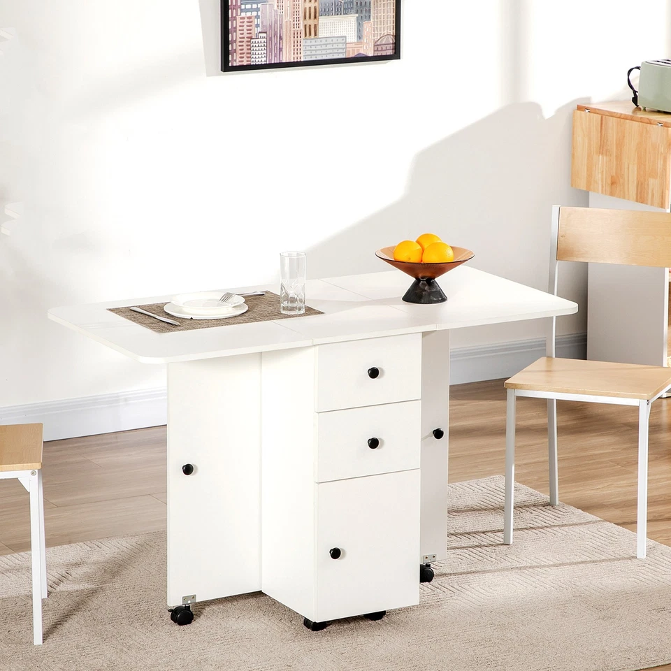 HOMCOM Folding Dining Table, Drop Leaf Table With Drawers White - Image 2 of 4