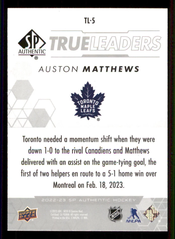 2022-23 SP Authentic True Leaders #TL5 Auston Matthews - Image 2 of 2