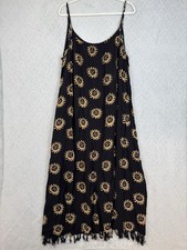 Vtg Raja Maxi Slip Dress 2X/3X Black Sun Celestial Tassels Boho Hippie Witch 90s