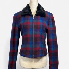 Vintage Elina Createur Wool Blend Plaid Crop Zip Up Blazer Fur Collar Sz 9 Retro