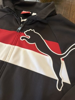 PUMA Men's Colorblock Track Jacket Coat Black Red Full Zip Size L Polyester