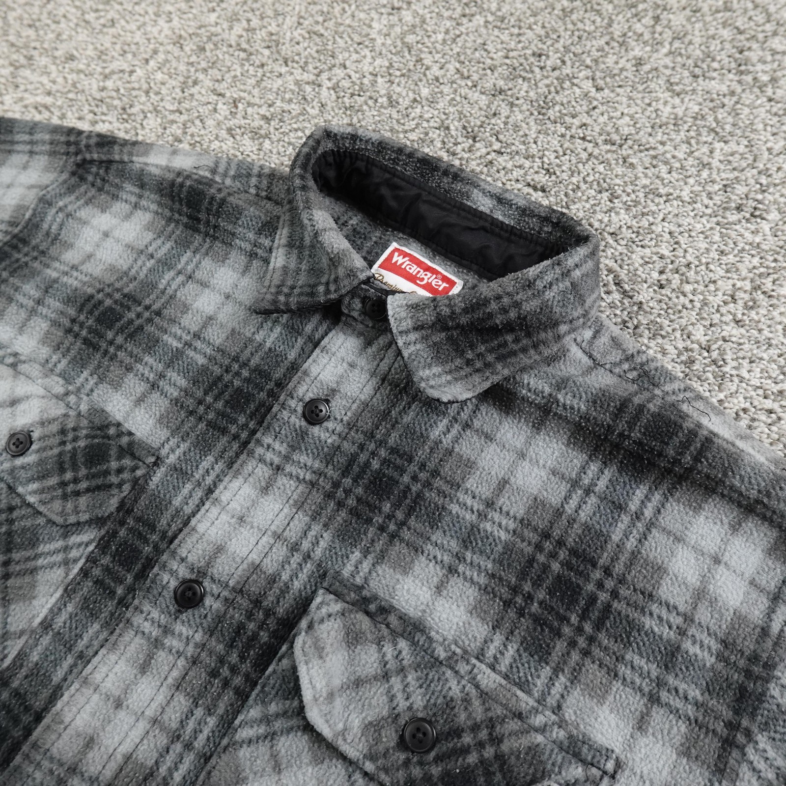 Wrangler Jacket Mens M Gray Black Plaid Fleece Lined Flannel