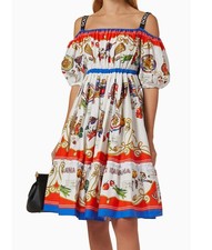 Dolce & Gabbana Pasta Print Capri Midi Dress Food Cold Shoulder Logo IT 38