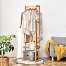 Standing Coat Rack Entryway Solid Wood Garment Hanger Stand w/ Shelves Hooks