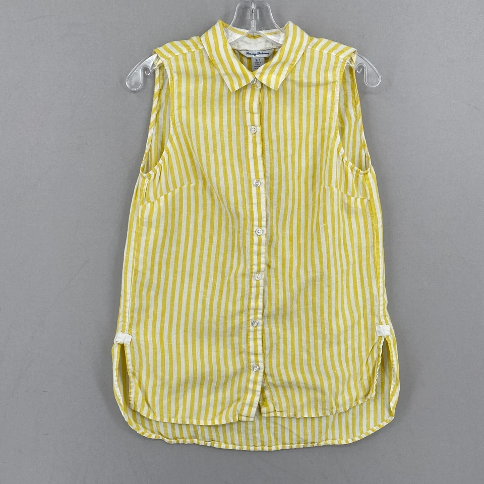 Túnica Tommy Bahama de lino sin mangas con botones para mujer pequeña amarilla blanca a rayas Foto 4 de 4