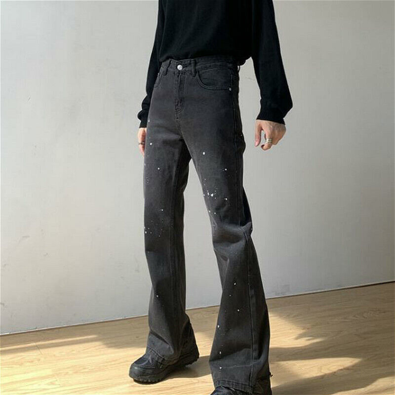 Men Bell Bottom Jeans Flared Denim Pants Irregular Trousers Retro Black  Slim