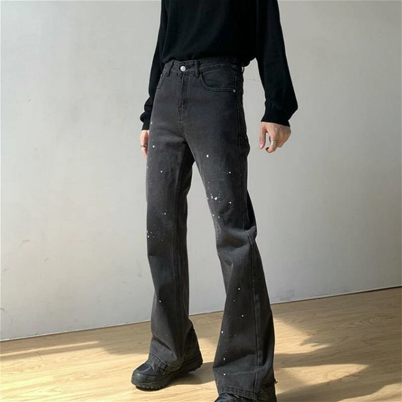 Men Bell Bottom Jeans Flared Denim Pants Irregular Trousers Retro Black Slim