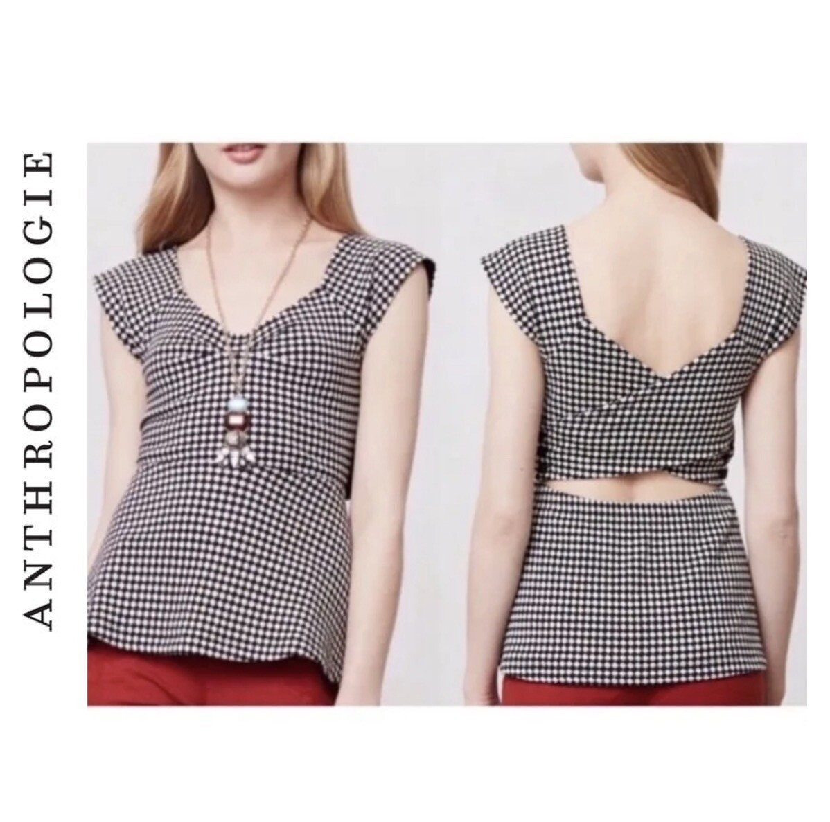ANTHROPOLOGIE Deletta Criss-Cross-Back Peplum Top Black White