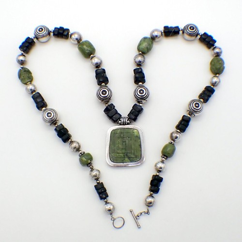 Carved Stone Bead Necklace Sterling Silver