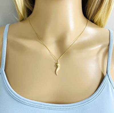 14K Solid Gold Cornicello Italian Horn Necklace - 1''  Lucky Pendant - 14kC3040