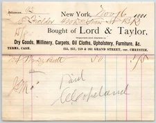 Lord and Taylor Dry Goods Grand & Chrystie St. 1881 Billhead Receipt Scarce