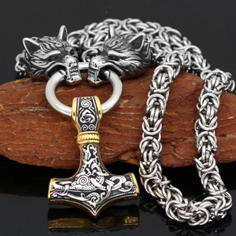 Halskette Viking Thor Hammer Wolf Herren Kette Thorshammer