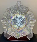 Vintage Imperial Ice White Iridescent Rose Pattern Carnival Glass Ruffled Bowl