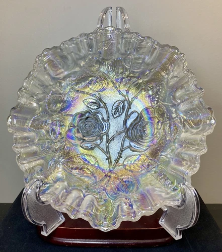 Vintage Imperial Ice White Iridescent Rose Pattern Carnival Glass Ruffled Bowl