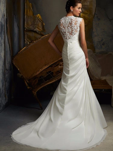 Luxury wedding dress transparent stiff gauze retro satin applique fishtail dress - Picture 3 of 8