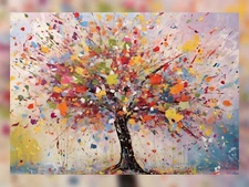 Whimsical Blooms: Tree with Paint Splats Oil Print 5"x7"