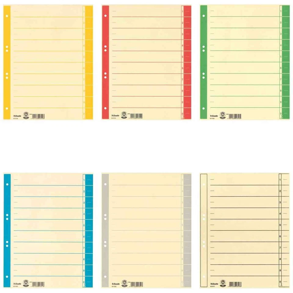 ESSELTE Trennblätter A4 rot gelb blau grün grau chamois Tab gelb 230g 100 Stück
