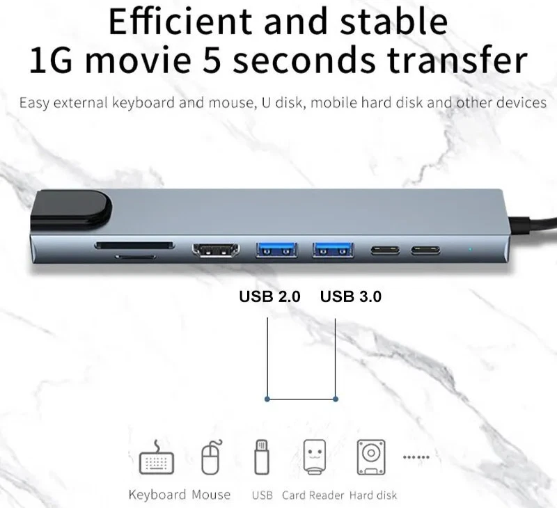 USB-C Hub 8-in-1 Adapter 4K HDMI RJ45 Ethernet USB 3.0 SD TF Card Reader PD - Image 2 of 4