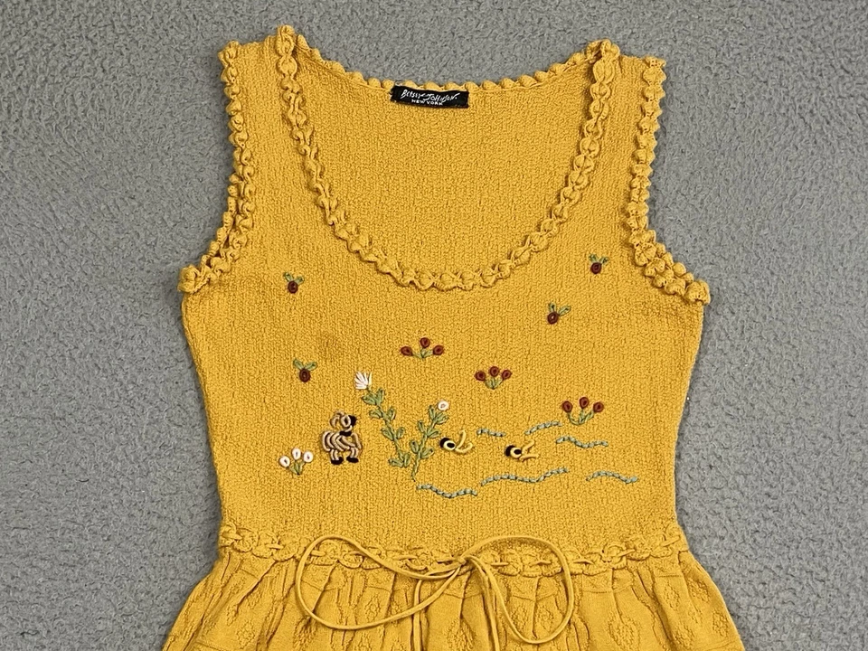 BETSEY JOHNSON Yellow Gold Floral Embroidered Knit Babydoll Dress Sz XS Y2K VTG - Image 3 of 4
